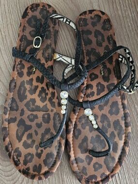 Jessica Simpson Brown Leopard Print Braided T-Strap Sandals with Crystal Accents